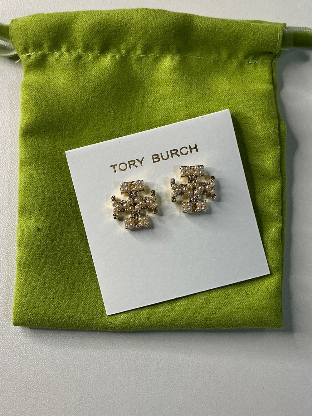 Tory Burch Gold Crystal Logo Stud Earrings with Pearly Accents